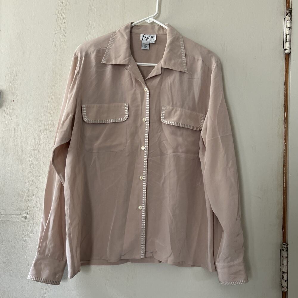 Vintage Silk Blouse Size Large Cream Button Up Long Sleeved Fiji Sport Shirt